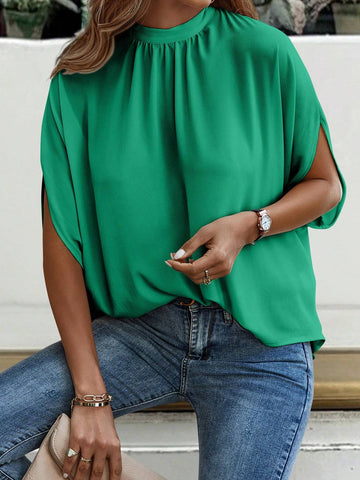 Clasi 1pc Women Casual Solid Color Batwing Sleeve Stand Collar Tie Back Blouse, Summer