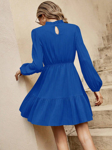 1pc Women Casual Solid Color Lantern Sleeve Waisted Dress, Autumn