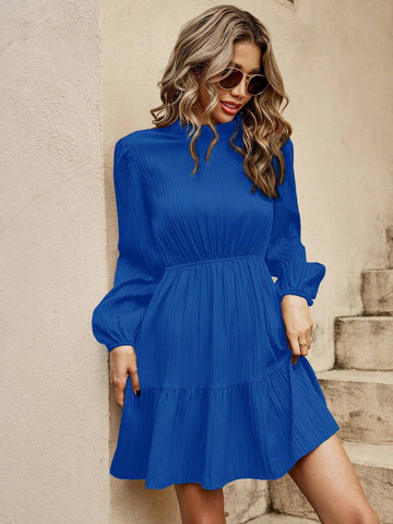 1pc Women Casual Solid Color Lantern Sleeve Waisted Dress, Autumn