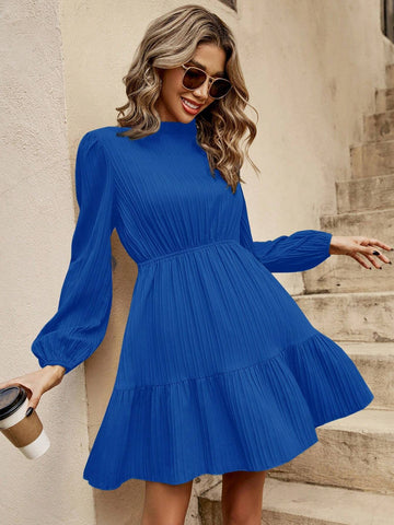 1pc Women Casual Solid Color Lantern Sleeve Waisted Dress, Autumn