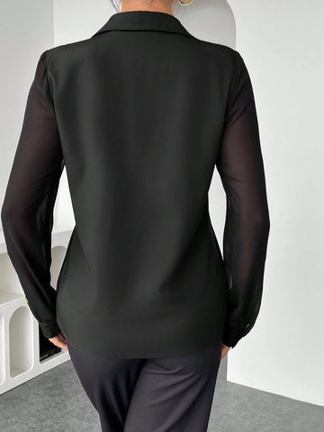 Clasi 1pc Women Casual Solid Color Long Sleeve Floral Embroidered Chiffon Blouse,Elegant & Slimming, Random Flower Patterns