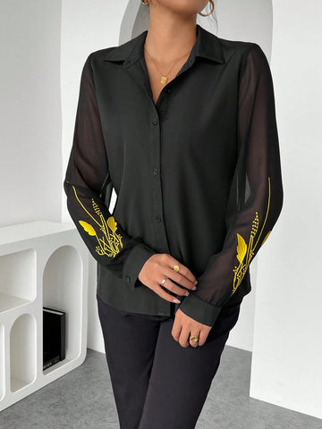 Clasi 1pc Women Casual Solid Color Long Sleeve Floral Embroidered Chiffon Blouse,Elegant & Slimming, Random Flower Patterns