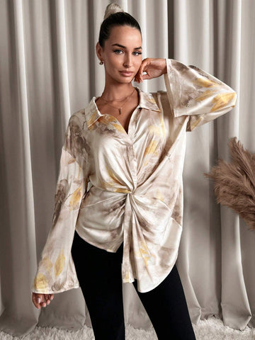 Clasi 1pc Women Elegant Full-Graphic Print Twist Design Long Sleeve Blouse
