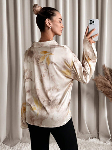 Clasi 1pc Women Elegant Full-Graphic Print Twist Design Long Sleeve Blouse