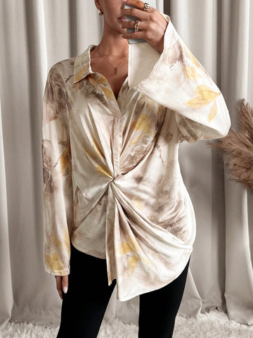 Clasi 1pc Women Elegant Full-Graphic Print Twist Design Long Sleeve Blouse