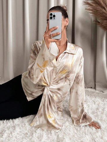 Clasi 1pc Women Elegant Full-Graphic Print Twist Design Long Sleeve Blouse