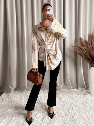 Clasi 1pc Women Elegant Full-Graphic Print Twist Design Long Sleeve Blouse