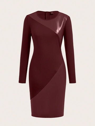 1pc Women Elegant Round Neck PU Splicing Bodycon Dress