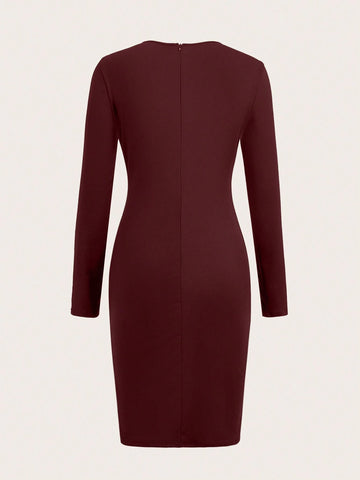 1pc Women Elegant Round Neck PU Splicing Bodycon Dress