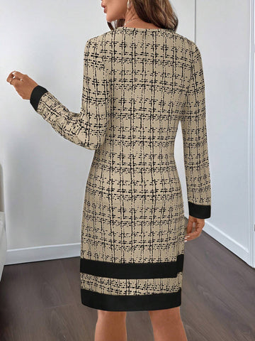 1pc Women Elegant Two-Tone Knitted Casual Dress