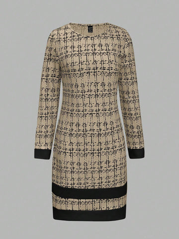 1pc Women Elegant Two-Tone Knitted Casual Dress