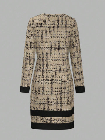 1pc Women Elegant Two-Tone Knitted Casual Dress