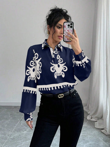 Clasi 1pc Women Floral Print Long Sleeve Loose Elegant Blouse, Autumn