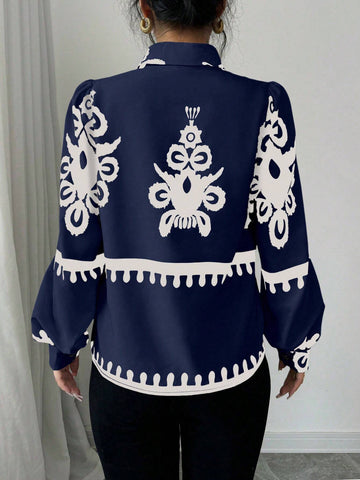 Clasi 1pc Women Floral Print Long Sleeve Loose Elegant Blouse, Autumn