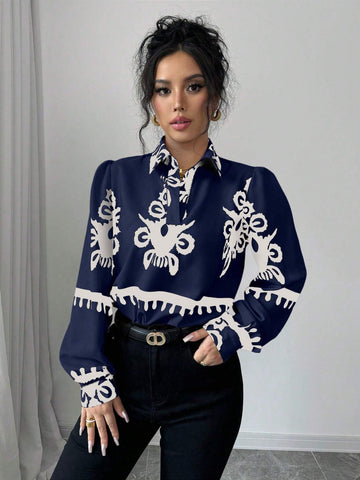 Clasi 1pc Women Floral Print Long Sleeve Loose Elegant Blouse, Autumn