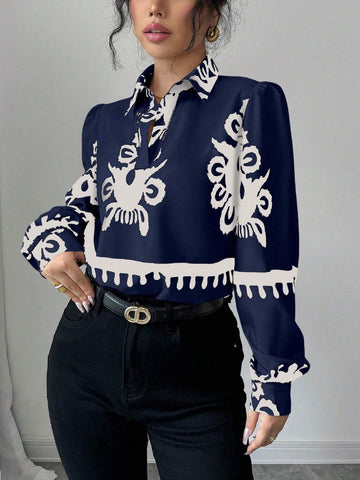 Clasi 1pc Women Floral Print Long Sleeve Loose Elegant Blouse, Autumn