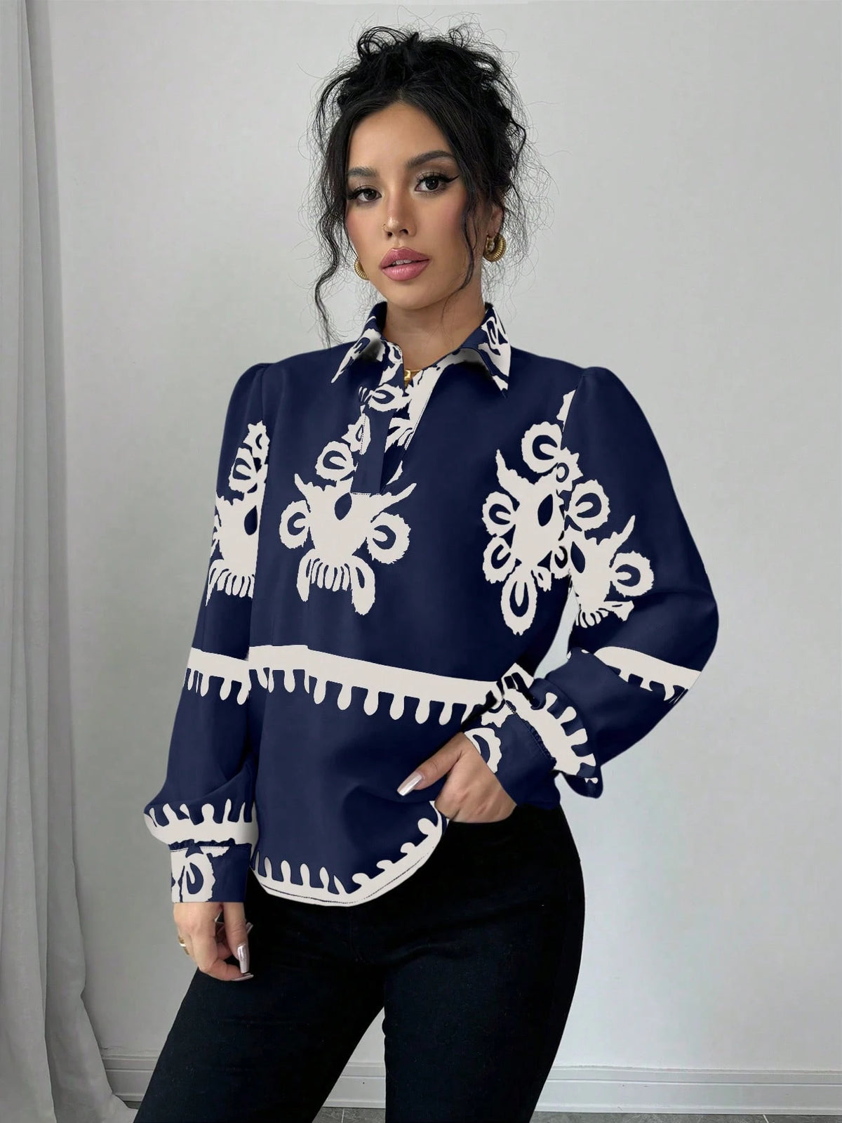 Clasi 1pc Women Floral Print Long Sleeve Loose Elegant Blouse, Autumn