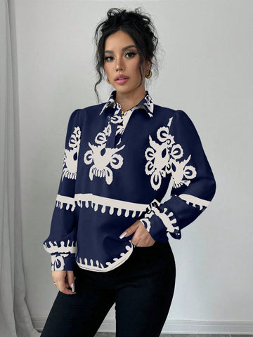 Clasi 1pc Women Floral Print Long Sleeve Loose Elegant Blouse, Autumn