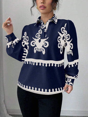 Clasi 1pc Women Floral Print Long Sleeve Loose Elegant Blouse, Autumn