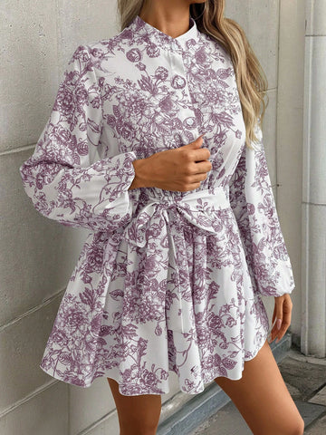 1pc Women Random Print Long Sleeve Dress