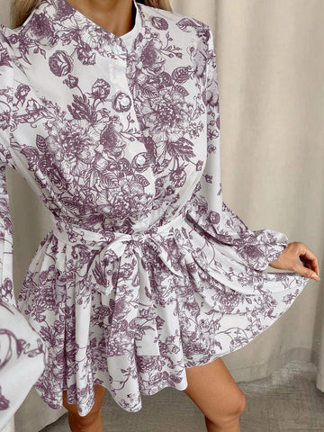 1pc Women Random Print Long Sleeve Dress