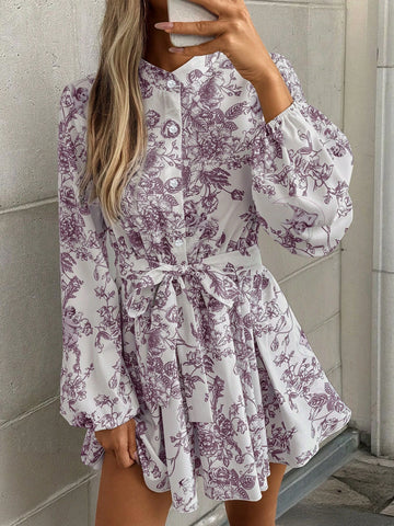 1pc Women Random Print Long Sleeve Dress