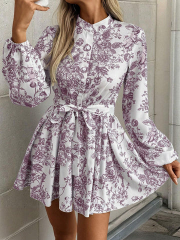 1pc Women Random Print Long Sleeve Dress