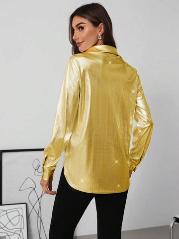 Clasi 1pc Women Solid Color Front Button Elegant Business Casual Long Sleeve Blouse