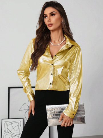 Clasi 1pc Women Solid Color Front Button Elegant Business Casual Long Sleeve Blouse