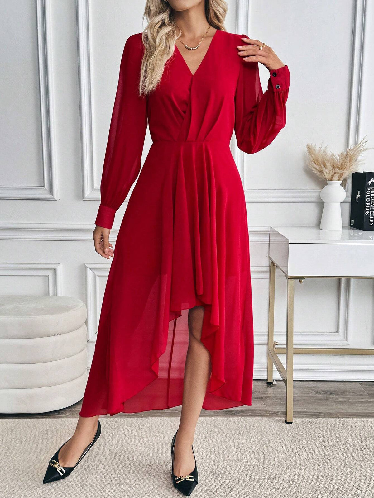 1pc Women Solid Color Long Sleeve Elegant High Low Hem Fitted Dress, Autumn