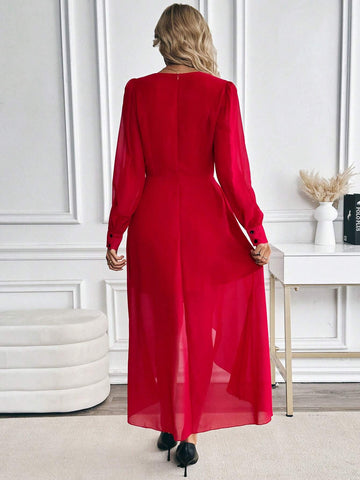 1pc Women Solid Color Long Sleeve Elegant High Low Hem Fitted Dress, Autumn