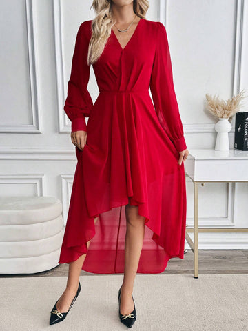 1pc Women Solid Color Long Sleeve Elegant High Low Hem Fitted Dress, Autumn