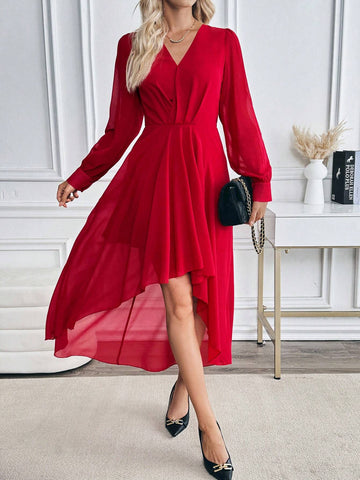 1pc Women Solid Color Long Sleeve Elegant High Low Hem Fitted Dress, Autumn