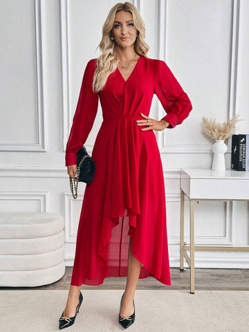 1pc Women Solid Color Long Sleeve Elegant High Low Hem Fitted Dress, Autumn