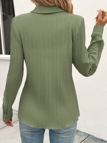 Clasi 1pc Women Solid Color Long Sleeve Single-Breasted Casual Loose Blouse, Autumn