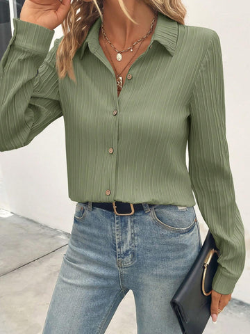 Clasi 1pc Women Solid Color Long Sleeve Single-Breasted Casual Loose Blouse, Autumn