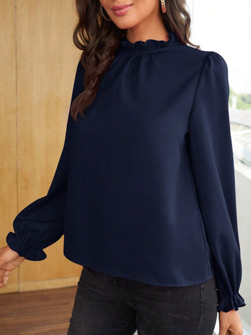 Clasi 1pc Women Solid Color Stand Collar Long Sleeve Elegant Blouse, For Autumn