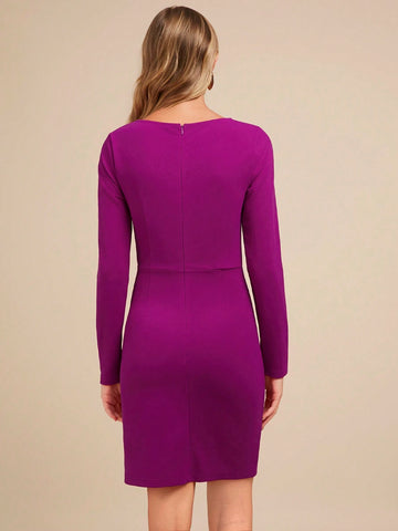 1pc Women Square Neck Long Sleeve Slit Bodycon Dress, Fashion & Elegant