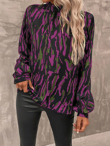 Clasi 1pc Women Stand Collar Long Sleeve All-Over Print Casual Top, Random Prints