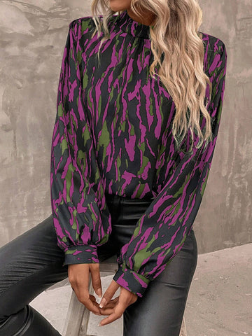 Clasi 1pc Women Stand Collar Long Sleeve All-Over Print Casual Top, Random Prints