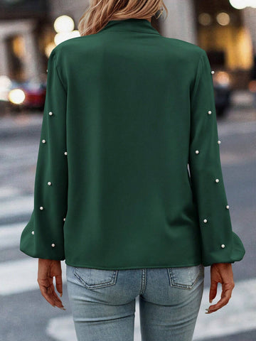 Clasi 1pc Women Tie Front Long Sleeve Shirt With Faux Pearl Decor, Casual And Minimalist Design