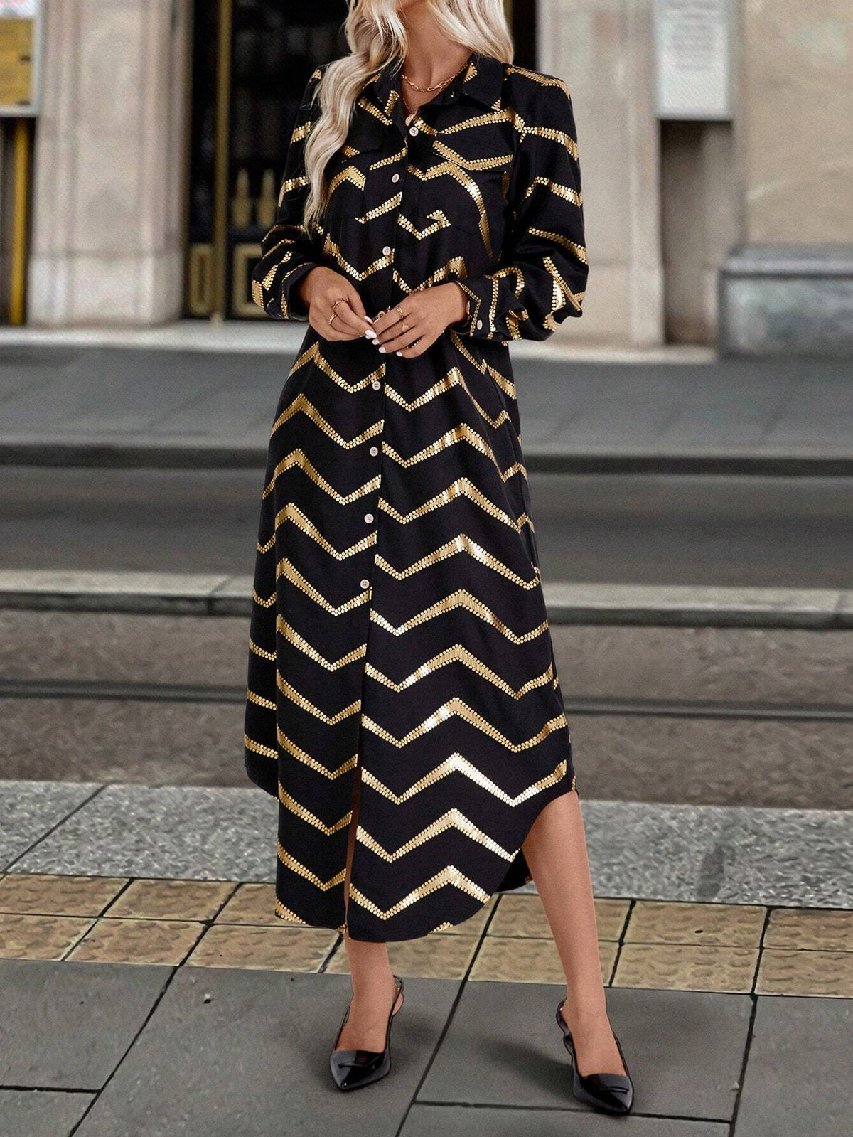 1pc Women's Black Metallic Foil Long Sleeve Dress