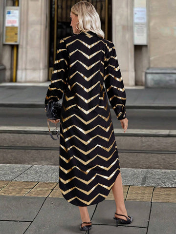 1pc Women's Black Metallic Foil Long Sleeve Dress