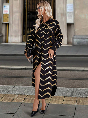 1pc Women's Black Metallic Foil Long Sleeve Dress