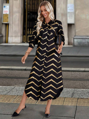 1pc Women's Black Metallic Foil Long Sleeve Dress