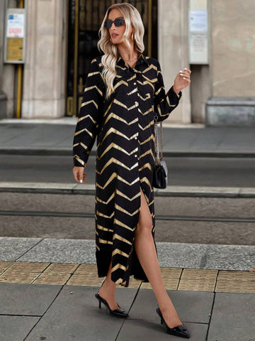 1pc Women's Black Metallic Foil Long Sleeve Dress