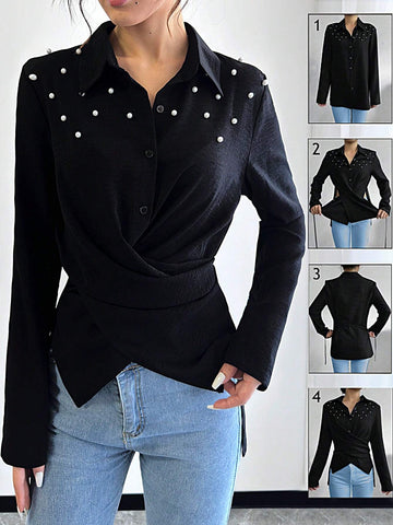 Clasi 1pc Women's Casual Front Button Long Sleeve Shirt With Pearl Buttons