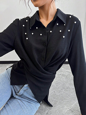 Clasi 1pc Women's Casual Front Button Long Sleeve Shirt With Pearl Buttons