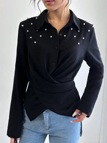 Clasi 1pc Women's Casual Front Button Long Sleeve Shirt With Pearl Buttons