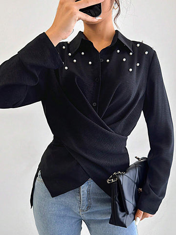 Clasi 1pc Women's Casual Front Button Long Sleeve Shirt With Pearl Buttons